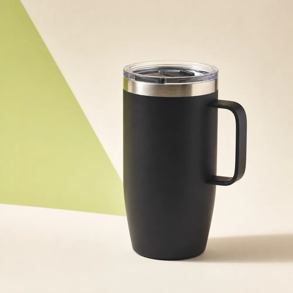 Unbranded matte black insulated travel mug used in the ListingPilot demonstration
