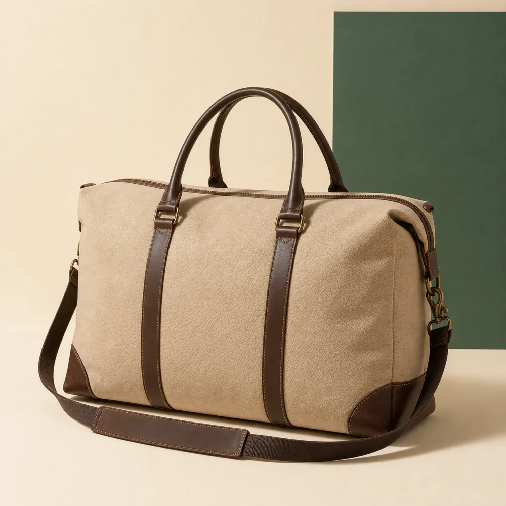 Unbranded beige canvas weekender bag used in the ListingPilot batch demonstration